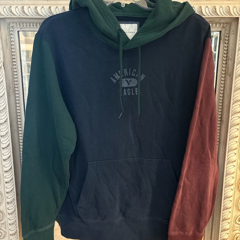American Eagle Navy Hoodie with Green and maroon Sleeves, men’s medium